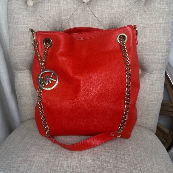 Michael Kors Red Leather Gold Chain Handbag /tote OS - Picture 1 of 8